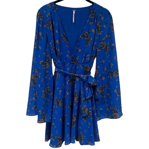 Free People Lilou Printed Bell Sleeve Dress in Cobalt Combo Fairycore Size S - Picture 3 of 13